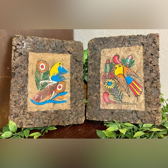 Vintage Mexican Folk Art Amate Bark Paintings On Cork Birds/Flowers 2 - Picture 1 of 12